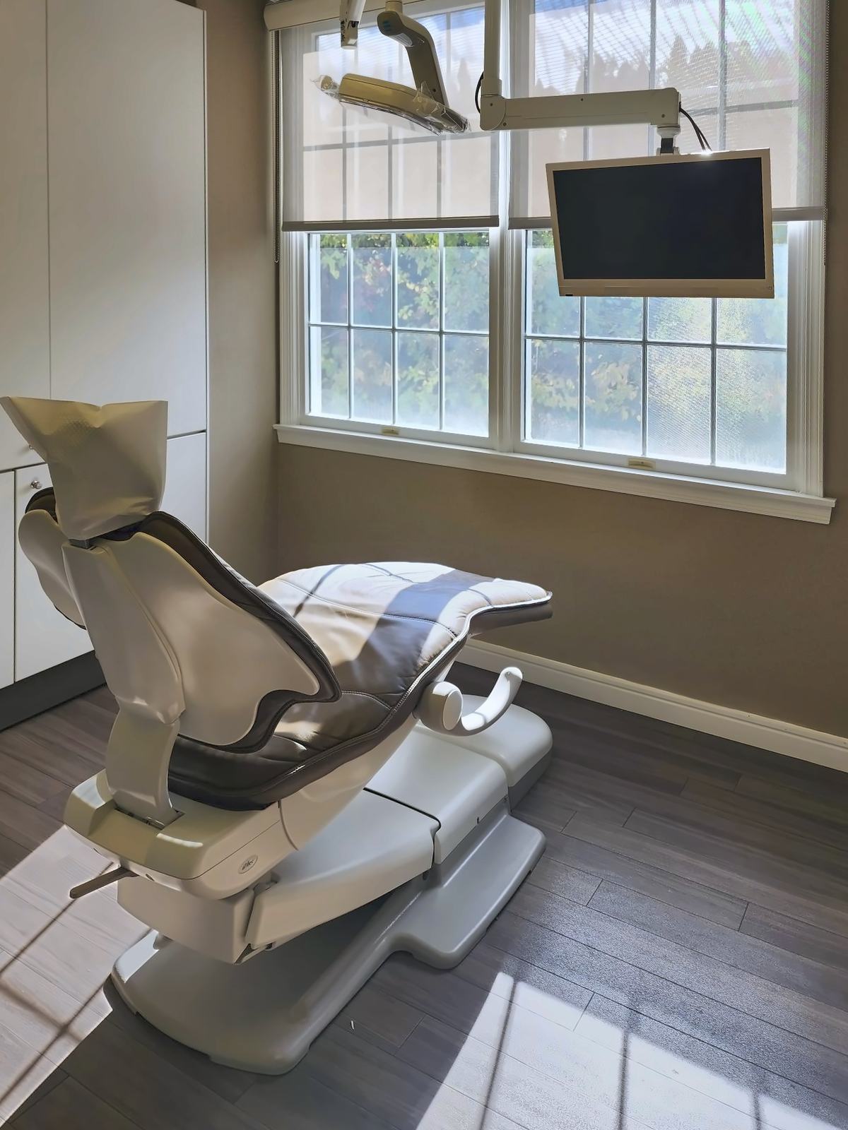 A treatment room at Sora Dentistry with a dental chair, overhead light and a window onto trees